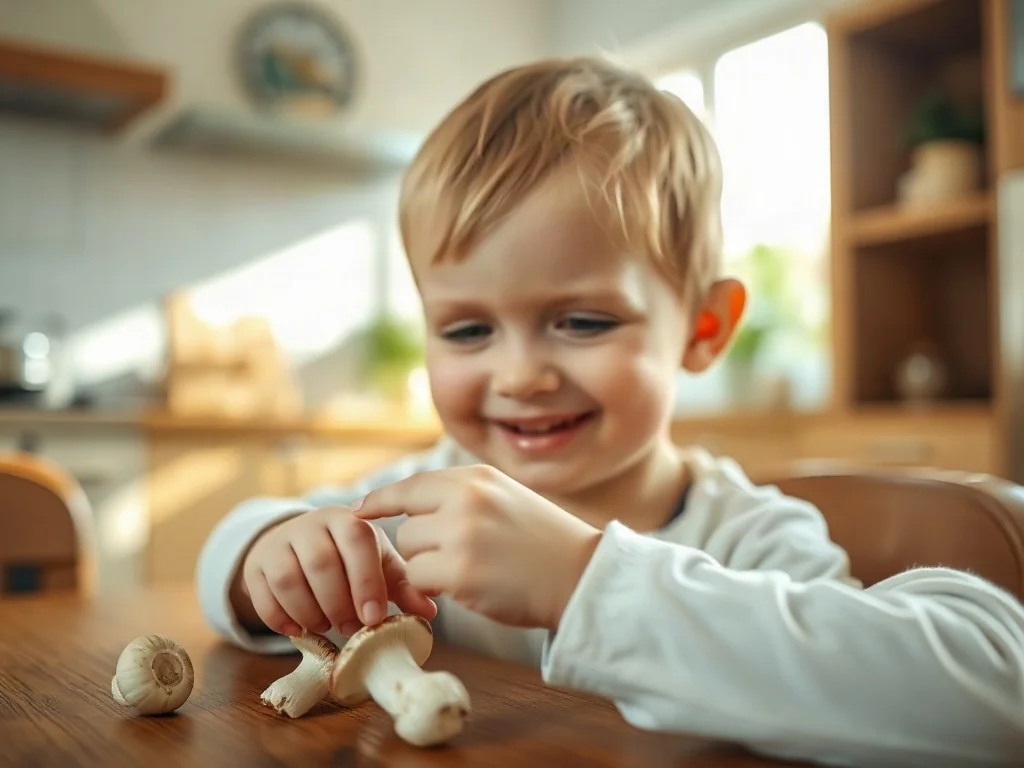 Małe dziecko siedzi przy kuchennym stole i z zainteresowaniem dotyka świeżej pieczarki.
