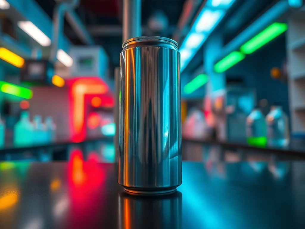 Nowoczesna puszka napoju energetycznego na ciemnym tle z dynamicznymi, neonowymi światłami w stylu laboratoryjnym.
